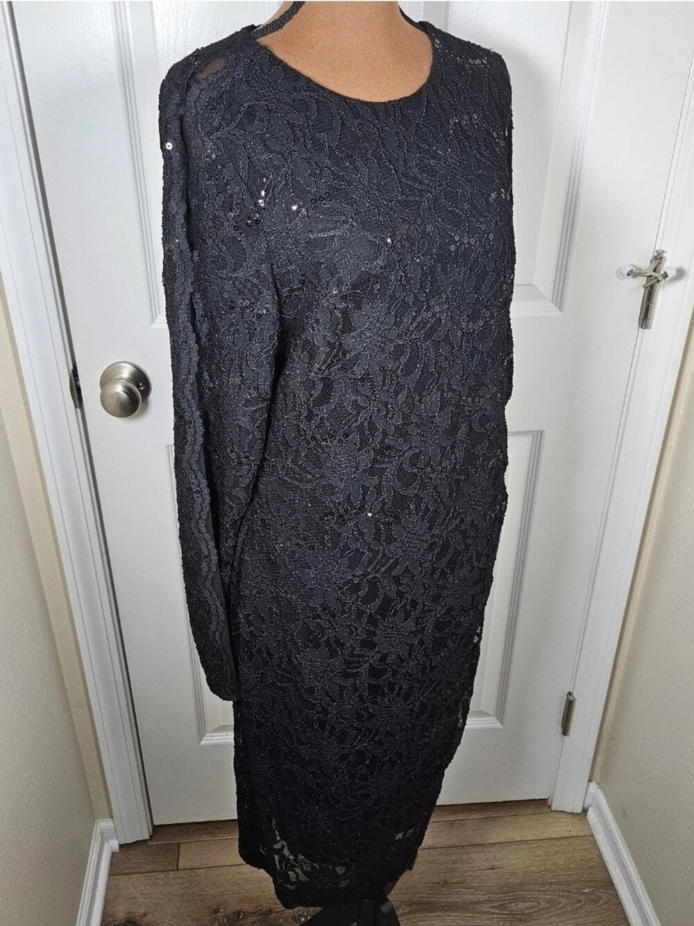 Lauren Ralph Lauren Dress Black Lace Sequin Long Sleeve Lined Women's Size 14W